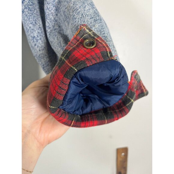 Vintage Acid Wash Denim Jean Bomber Jacket Blue 10 Flannel Plaid 80s Y2K Preppy - Picture 3 of 16